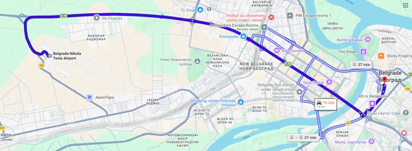 Choose the shortest route from the Belgrade Nikola Tesla Airport to the hostel in Belgrade