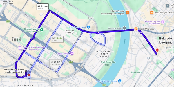 Choose the shortest route from the Belgrade Bus station to the hostel in Belgrade