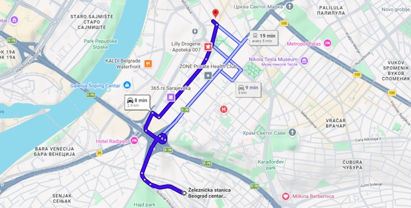 Choose the shortest route from the Belgrade Railway station to the hostel in Belgrade